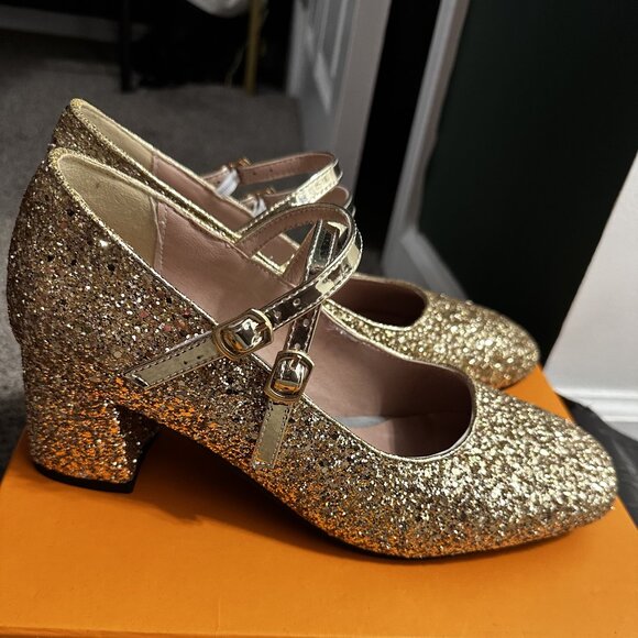 US Size 11-12 EU 45 Gold glitter Mary Jane Block Heels - Picture 1 of 4